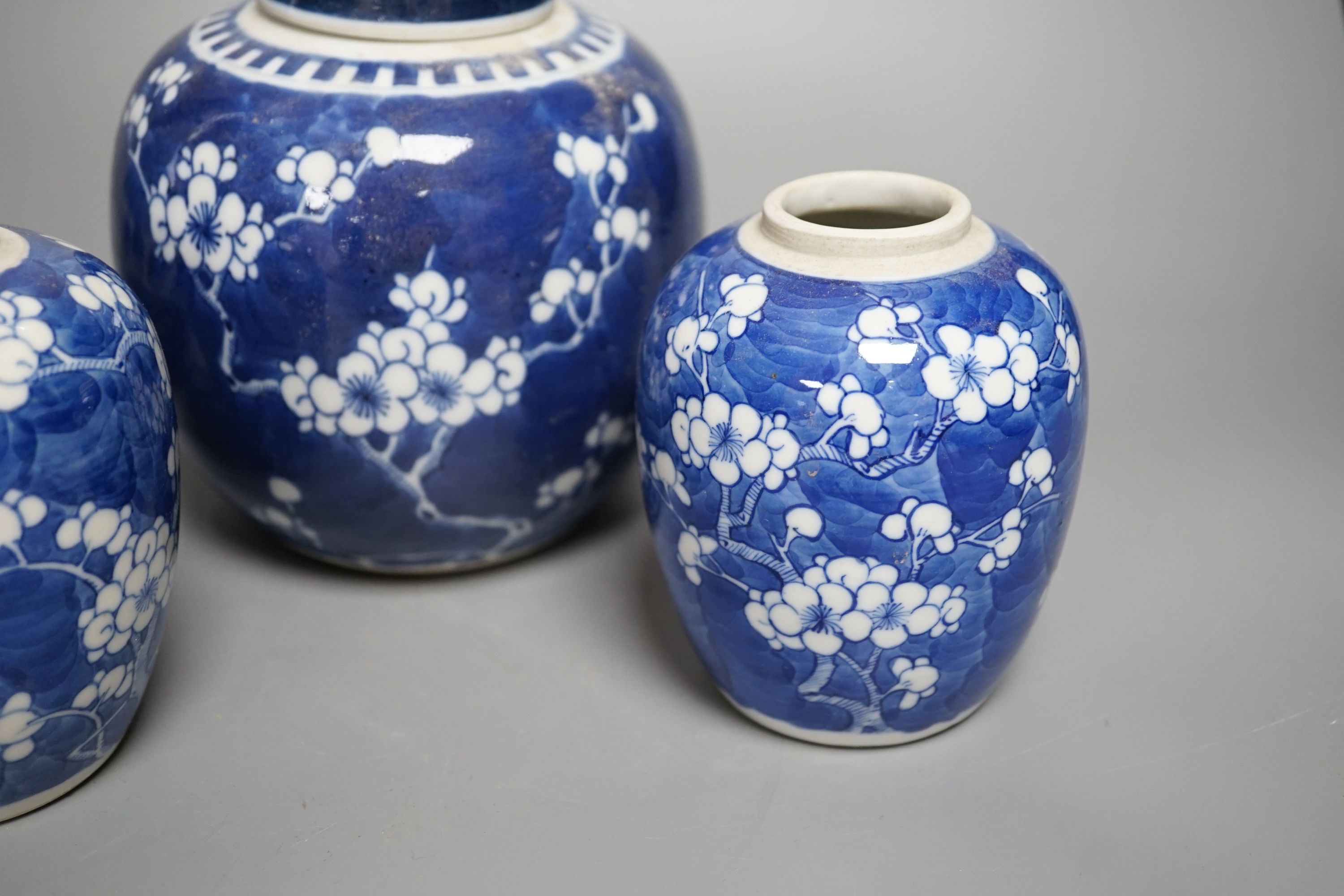 A Chinese blue and white vase and 3 graduated blue and white ginger jars, Vase25 cms high.